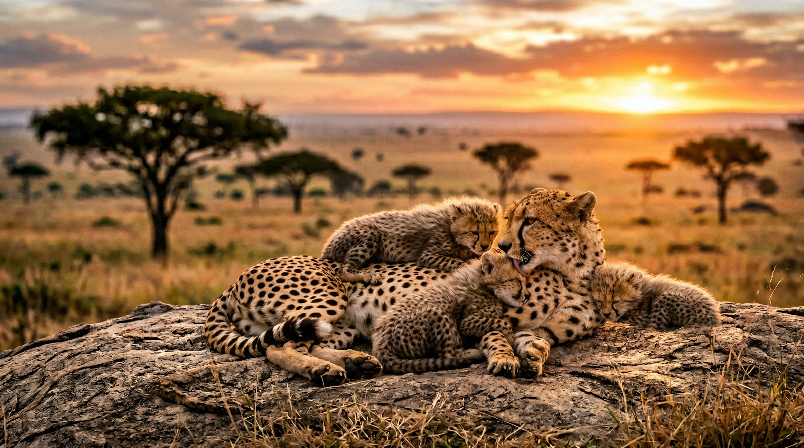 A mother cheetah with three cubs resting together on a rock at sunset
