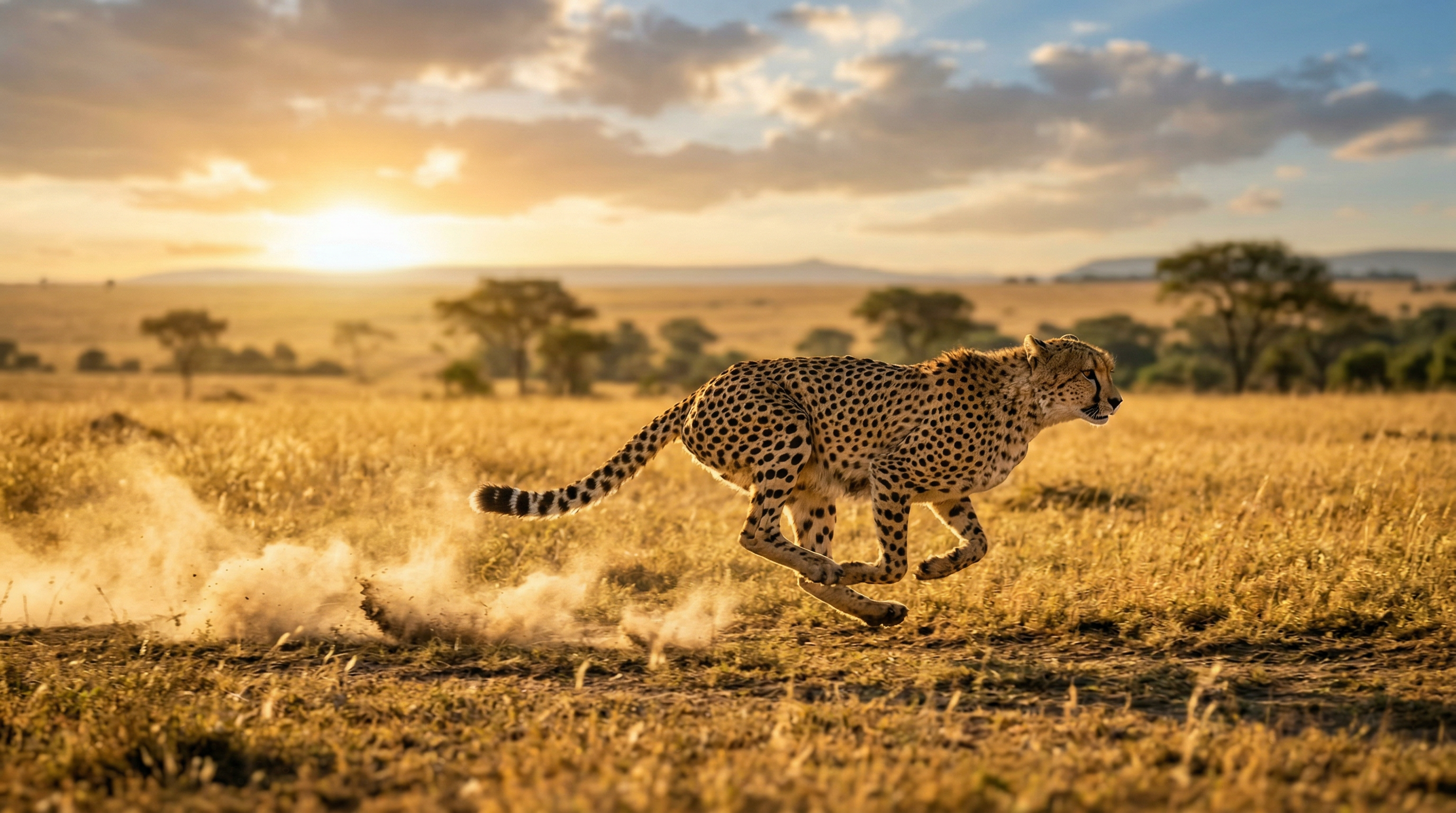 A cheetah running at full speed across golden African savanna