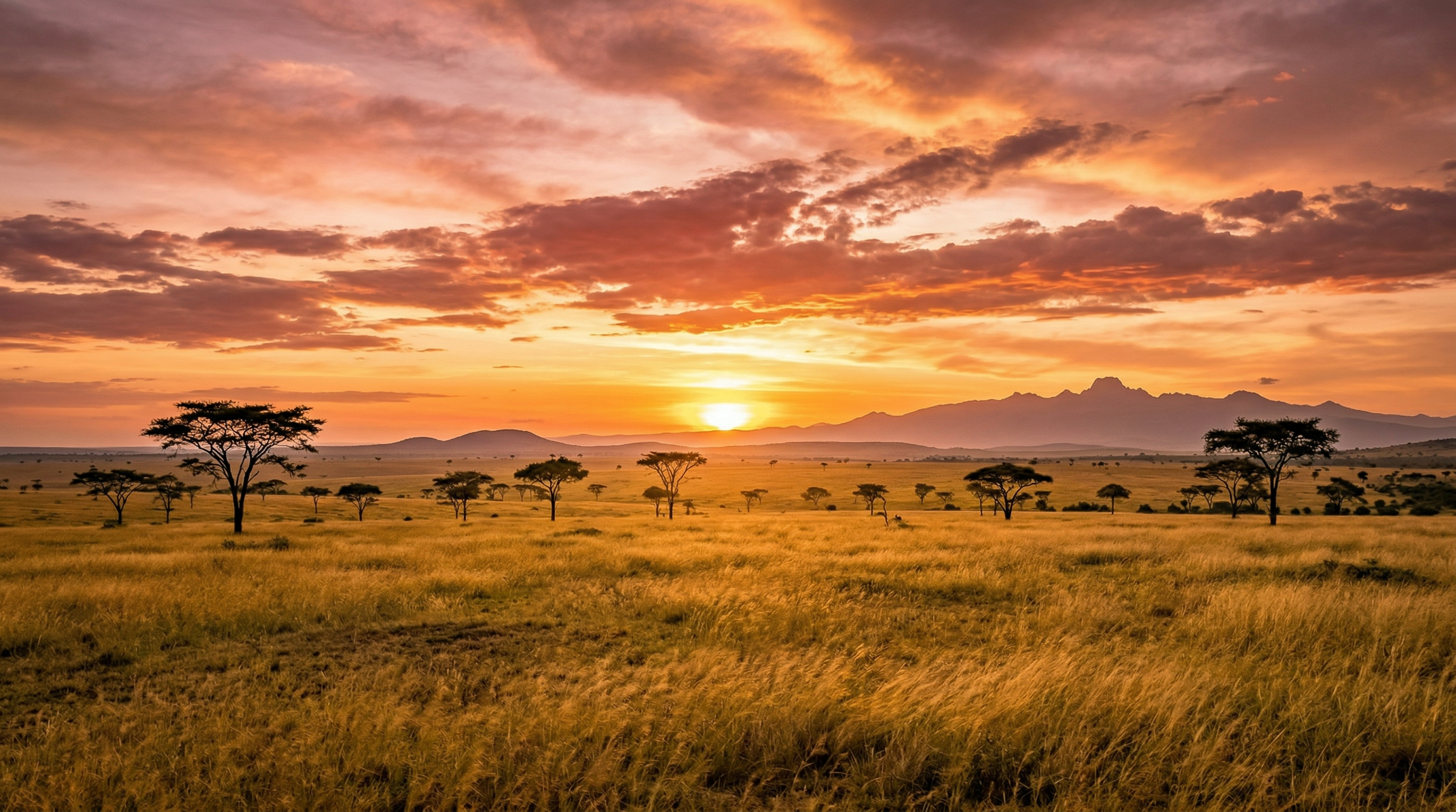 Beautiful African savanna landscape at sunset with acacia trees